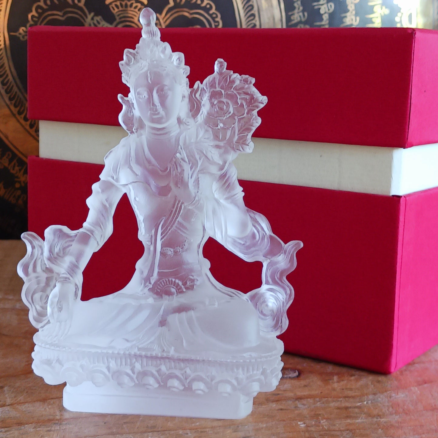 Invite peace, healing, and the sacred feminine into your space with this exquisite Transparent White Tara Statue. Expertly crafted from high-quality glazed glass, this statue beautifully embodies White Tara, a revered female Buddha in Tibetan Buddhism known for her compassion, wisdom, and healing powers.