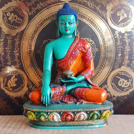 This exquisite large statue of Shakyamuni Buddha has been meticulously hand-painted using traditional thangka colours, preserving an ancient artistic lineage. Each brushstroke reflects the time-honoured process of colouring sacred imagery exactly as described in classical Buddhist teachings.