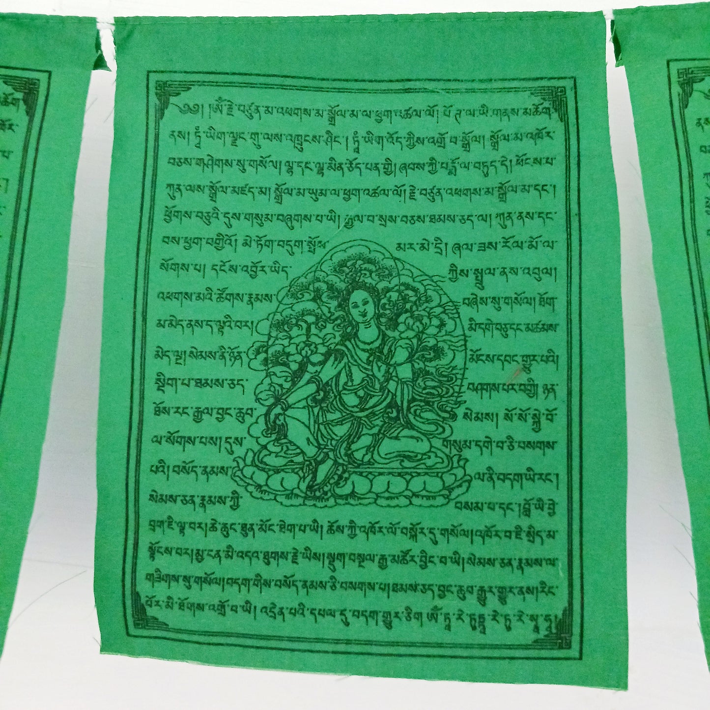 Invite the blessings of Green Tara, the Bodhisattva of Salvation, into your home or sacred space with this vibrant string of 10 prayer flags. Known for her swift and compassionate energy, Green Tara helps release fears, overcome challenges, achieve goals, and protect against negative influences.