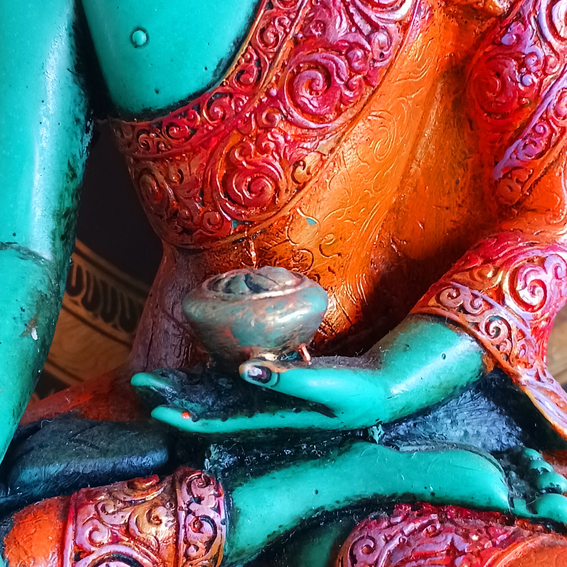 This exquisite large statue of Shakyamuni Buddha has been meticulously hand-painted using traditional thangka colours, preserving an ancient artistic lineage. Each brushstroke reflects the time-honoured process of colouring sacred imagery exactly as described in classical Buddhist teachings.