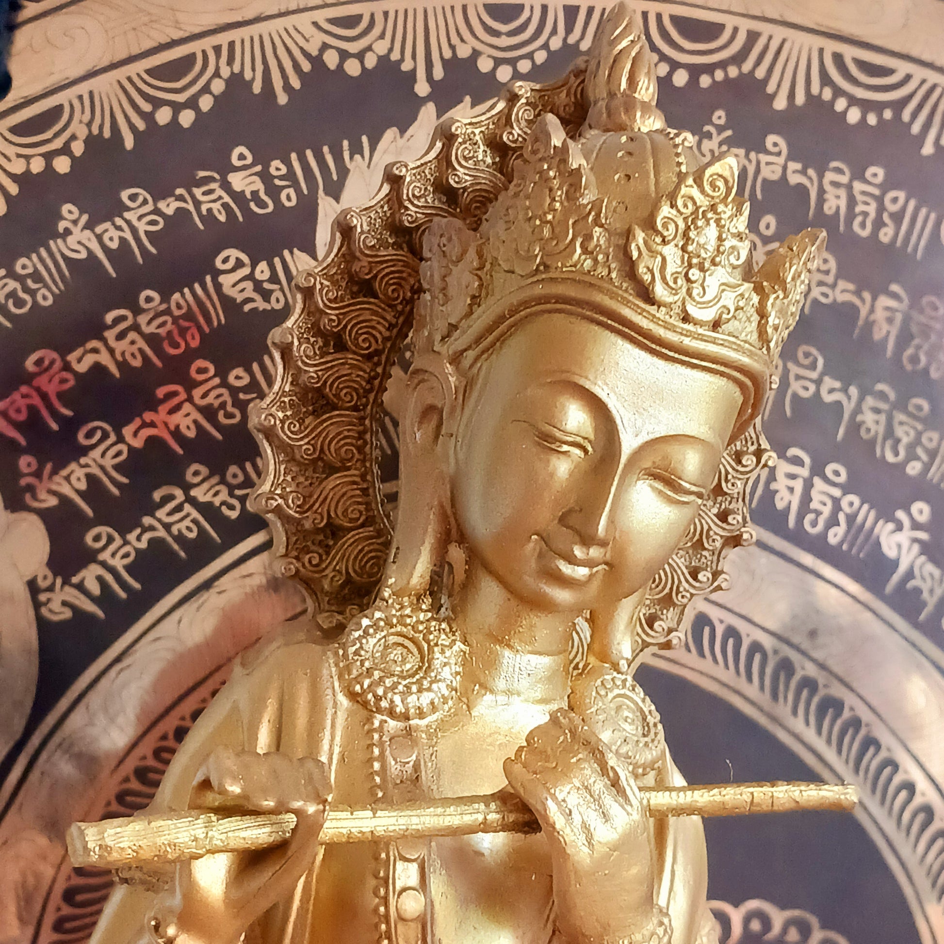 Bring divine grace and serenity into your space with this beautifully crafted golden statue of Lord Krishna, one of the most revered and beloved deities in Hinduism. Krishna, the eighth avatar of Vishnu, is known as the god of love, protection, and compassion. 