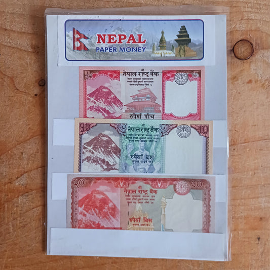 Discover the beauty and cultural significance of Nepal with this Nepali Republic Paper Money Currency Collection, featuring authentic 5, 10, and 20 Nepalese Rupee collectable banknotes.