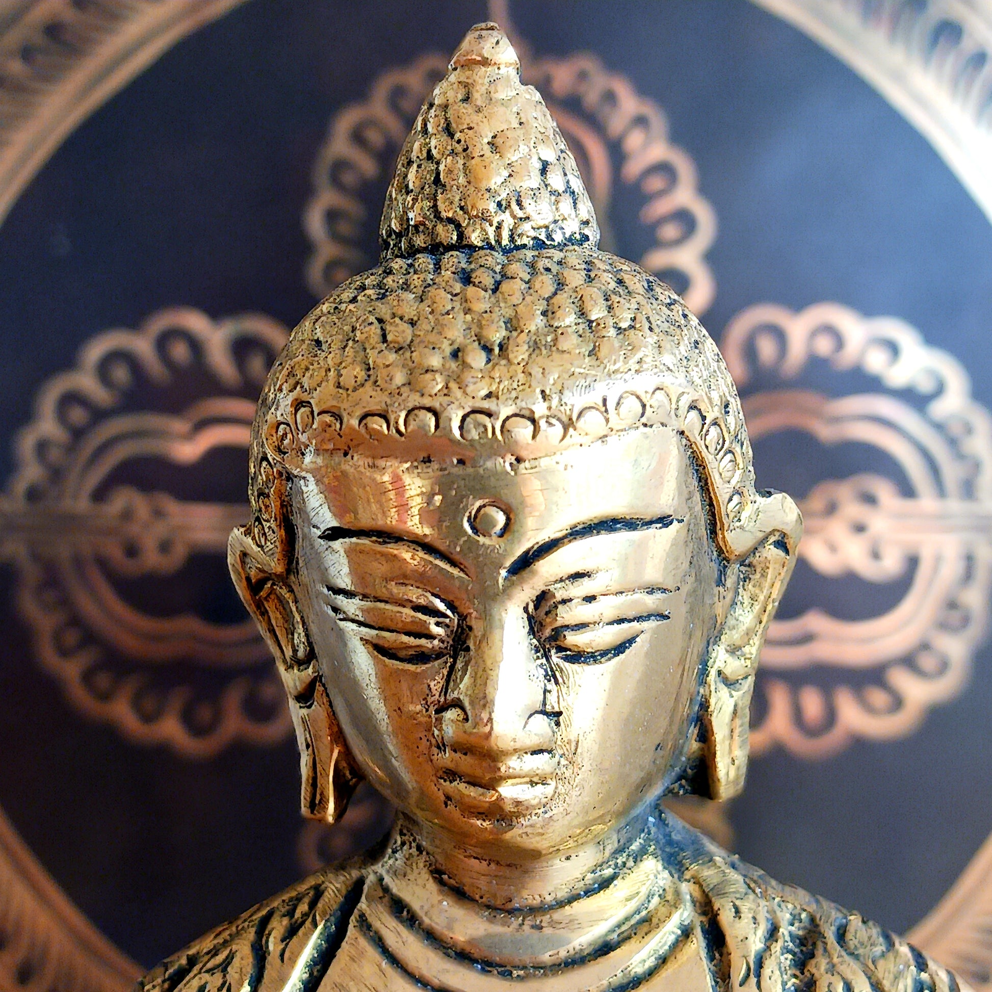 Elevate your spiritual space with this exquisite Akshobya Buddha statue, expertly cast in heavy brass and engraved with intricate detail. Representing one of the five Dhyani Buddhas, Akshobya is visualized in blue and associated with the heart chakra, symbolizing the transformation of anger and sadness into love and compassion.