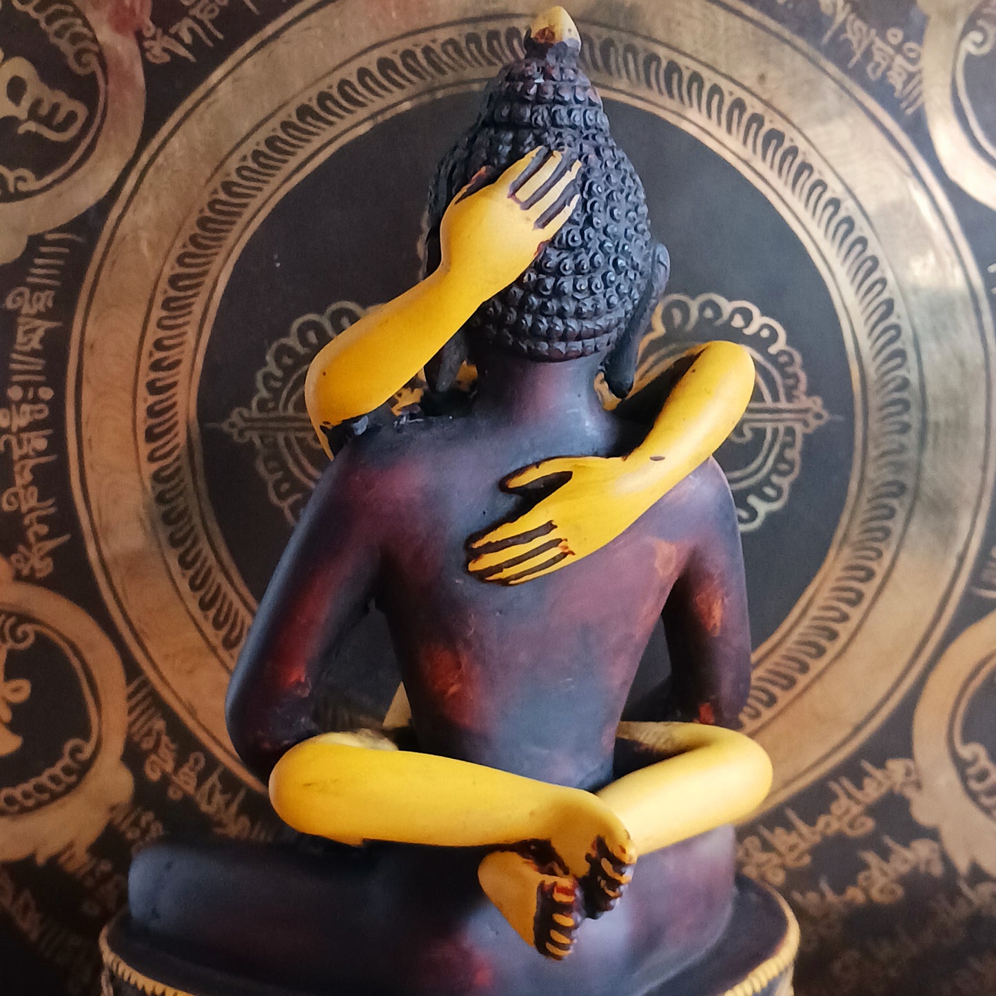 Discover a uniquely crafted Buddha and Shakti Embracing Statue, cast in high-quality resin and hand-painted in rich maroon and yellow tones. Sculpted by skilled Nepalese artisans, this extraordinary piece portrays the sacred union of Samantabhadra and his consort—a symbolic representation of harmony, balance, and the inseparable connection between wisdom and compassion.