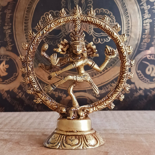Invite balance, protection, and divine energy into your space with this beautifully crafted Brass Shiva Nataraja Statue. Cast in solid brass, this small yet striking sculpture captures Shiva in his cosmic dance—Nataraja, the King of Dance—symbolizing the ever-moving universe and the eternal cycle of creation, destruction, and renewal.