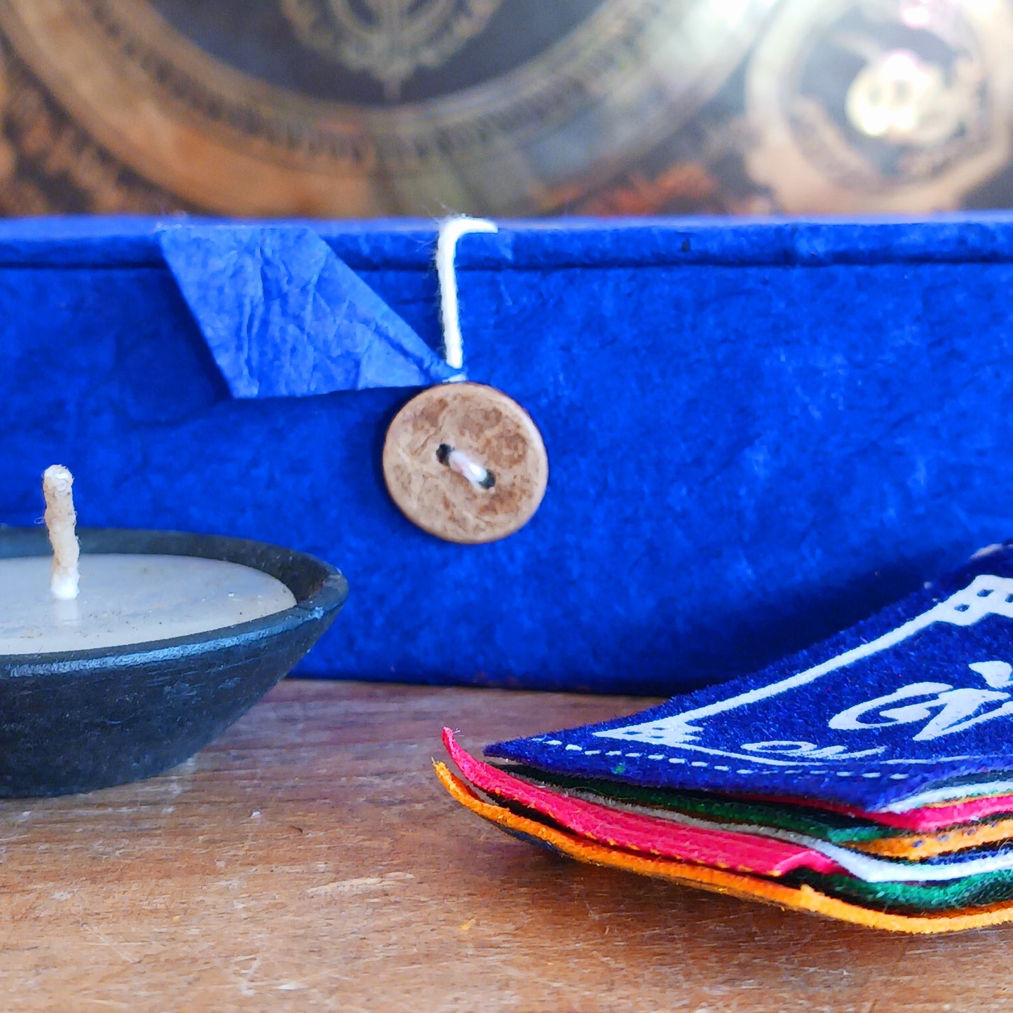 Elevate your meditation and Puja practice wherever your journey takes you. This Handmade Nepalese Buddhist Travelling Altar Set provides a complete, compact sacred space for spiritual grounding on the road or away from home.