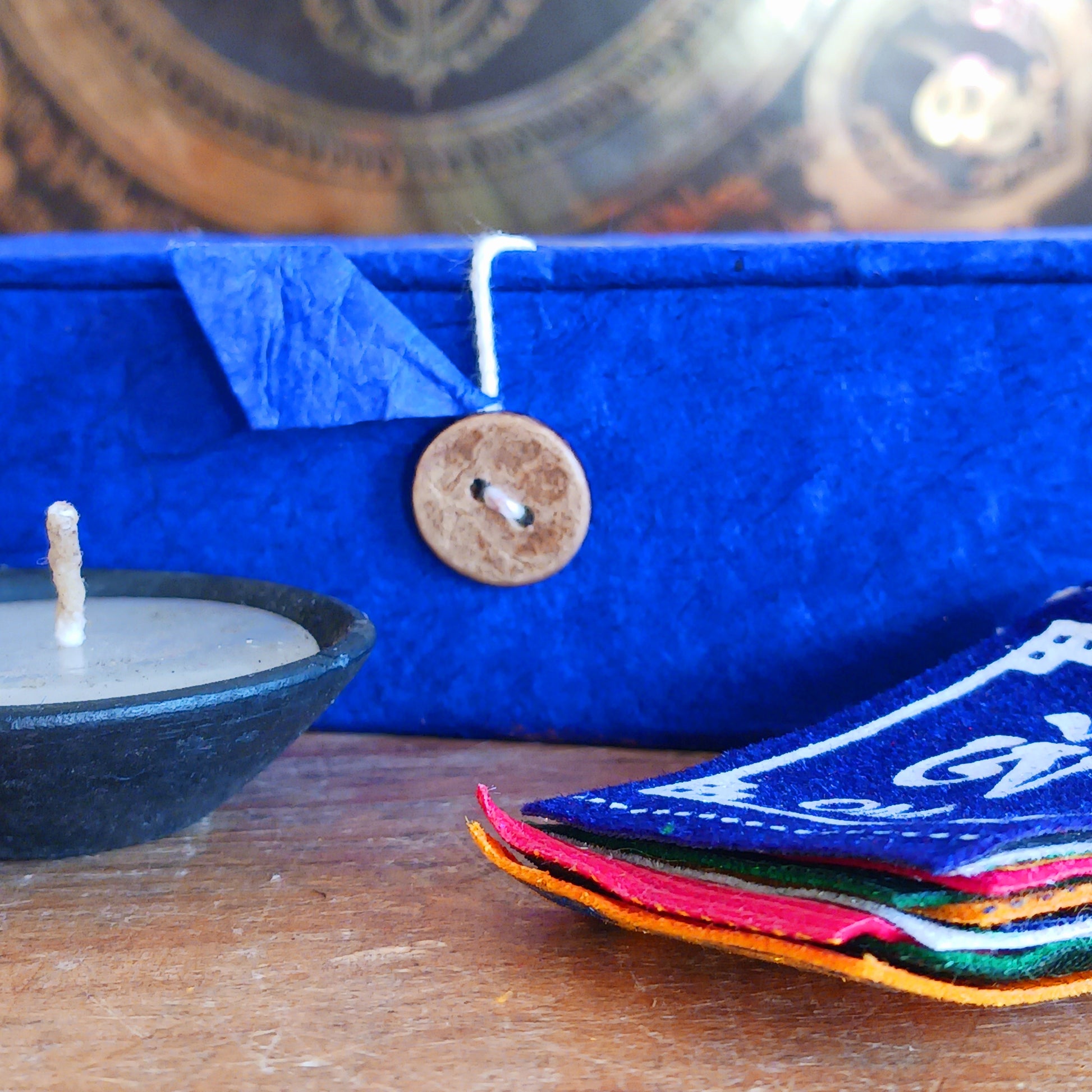 Elevate your meditation and Puja practice wherever your journey takes you. This Handmade Nepalese Buddhist Travelling Altar Set provides a complete, compact sacred space for spiritual grounding on the road or away from home.