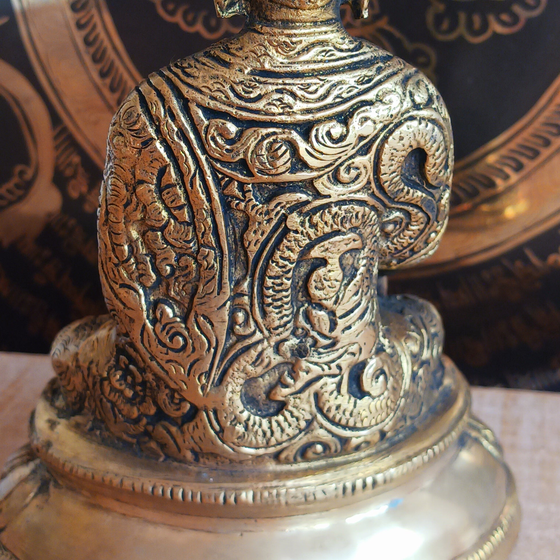 Elevate your spiritual space with this exquisite Akshobya Buddha statue, expertly cast in heavy brass and engraved with intricate detail. Representing one of the five Dhyani Buddhas, Akshobya is visualized in blue and associated with the heart chakra, symbolizing the transformation of anger and sadness into love and compassion.