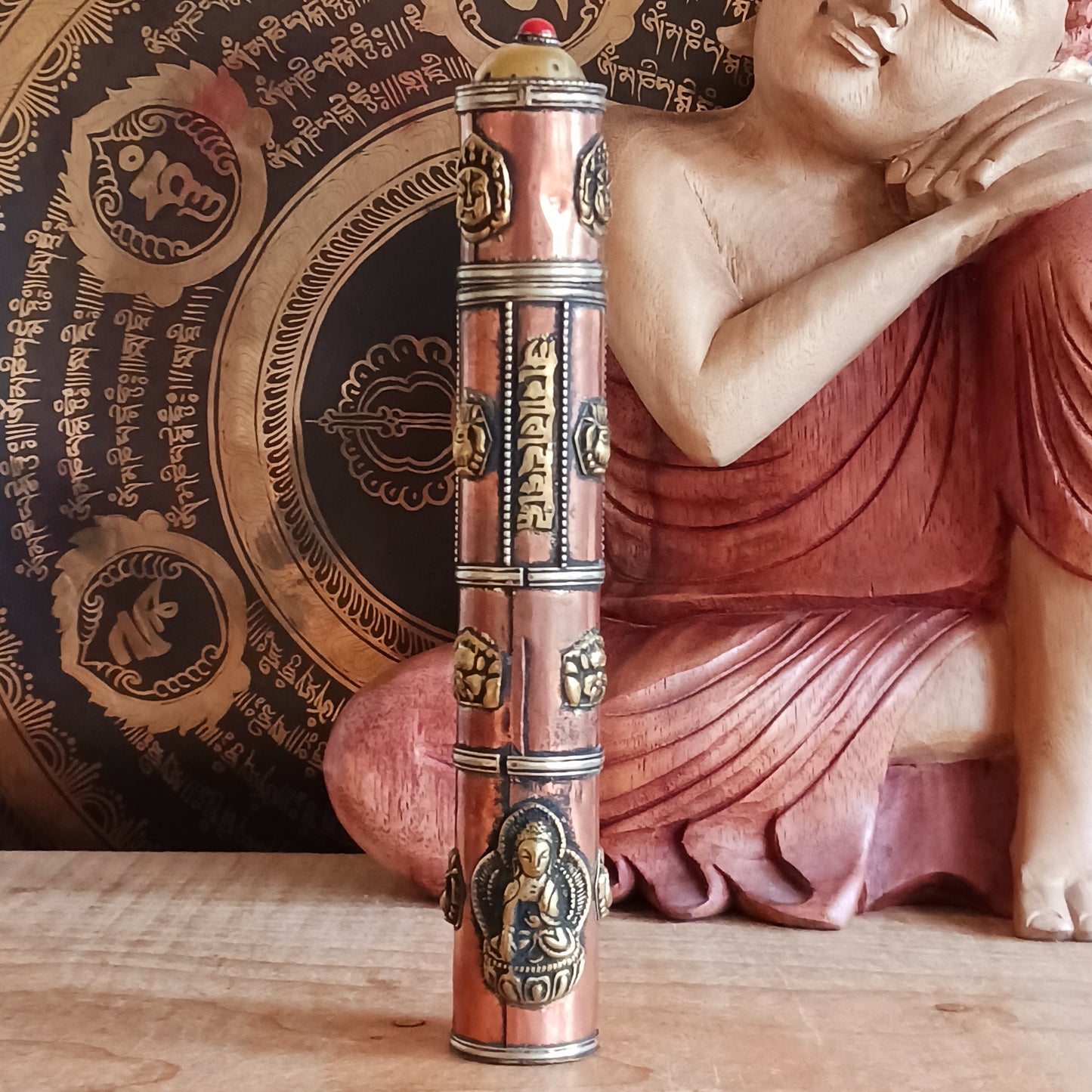 Elevate your sacred space with this hand-crafted Ritual Incense Holder, beautifully designed to store and display your incense with intention. Each piece is meticulously handmade and decorated with brass and copper Buddha detailing, offering a serene and artistic touch to your altar, meditation room, or home.