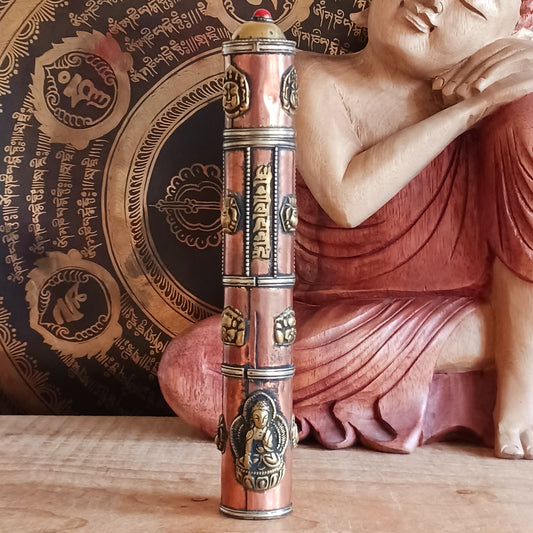 Elevate your sacred space with this hand-crafted Ritual Incense Holder, beautifully designed to store and display your incense with intention. Each piece is meticulously handmade and decorated with brass and copper Buddha detailing, offering a serene and artistic touch to your altar, meditation room, or home.