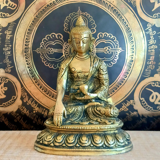 Elevate your spiritual space with this exquisite Akshobya Buddha statue, expertly cast in heavy brass and engraved with intricate detail. Representing one of the five Dhyani Buddhas, Akshobya is visualized in blue and associated with the heart chakra, symbolizing the transformation of anger and sadness into love and compassion.