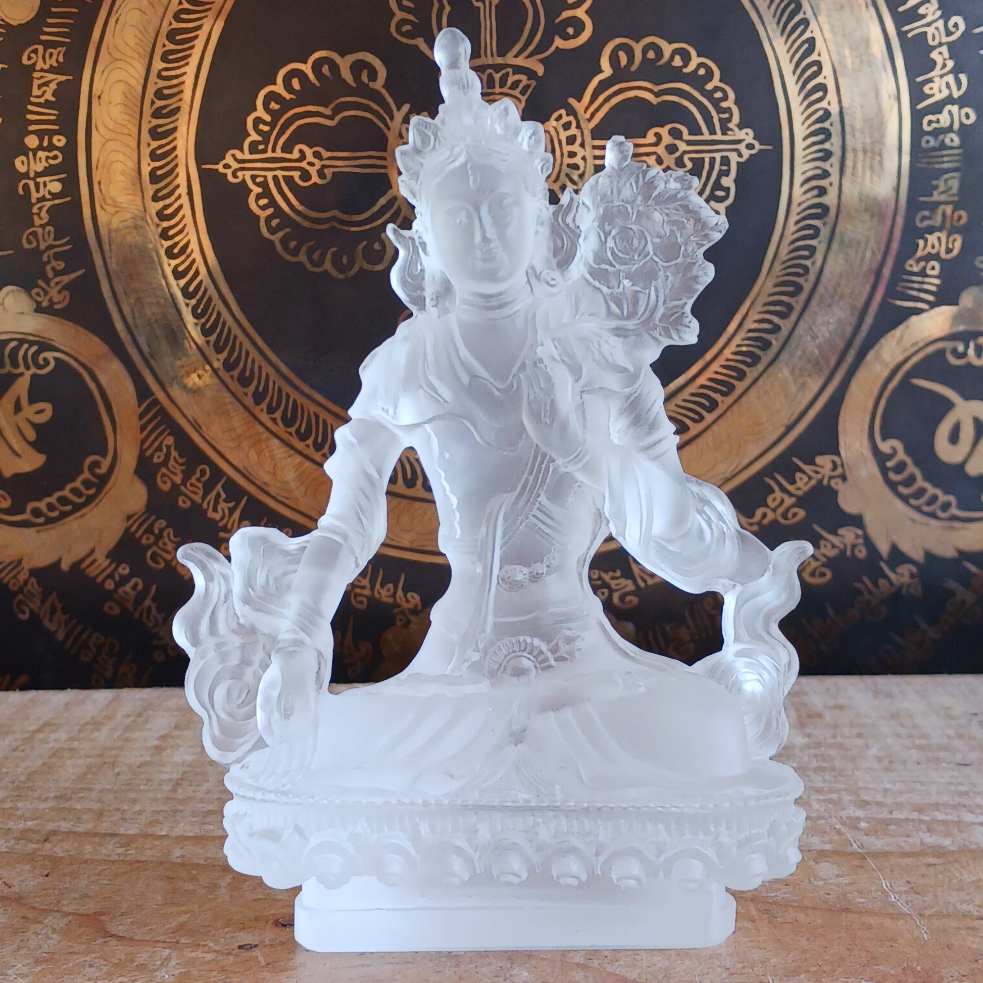 Invite peace, healing, and the sacred feminine into your space with this exquisite Transparent White Tara Statue. Expertly crafted from high-quality glazed glass, this statue beautifully embodies White Tara, a revered female Buddha in Tibetan Buddhism known for her compassion, wisdom, and healing powers.