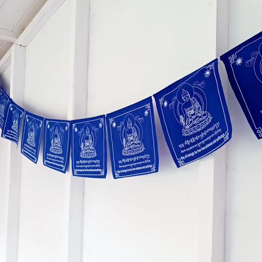 Hang these vibrant prayer flags in your space to invoke the blessings of Medicine Buddha and cultivate an atmosphere of healing and serenity. Outside, as the flags flutter in the wind, they carry the divine energy and healing vibrations, spreading their transformative power throughout your surroundings.