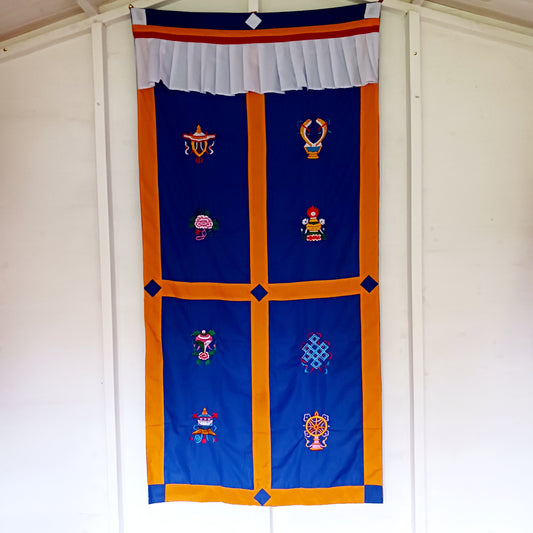 Bring harmony, beauty, and traditional craftsmanship into your space with this hand-embroidered Tibetan Buddhist door curtain, adorned with the sacred Eight Auspicious Symbols, also known as The Eight Jewels. Each symbol is intricately stitched to represent blessings of prosperity, protection, wisdom, and spiritual awakening.