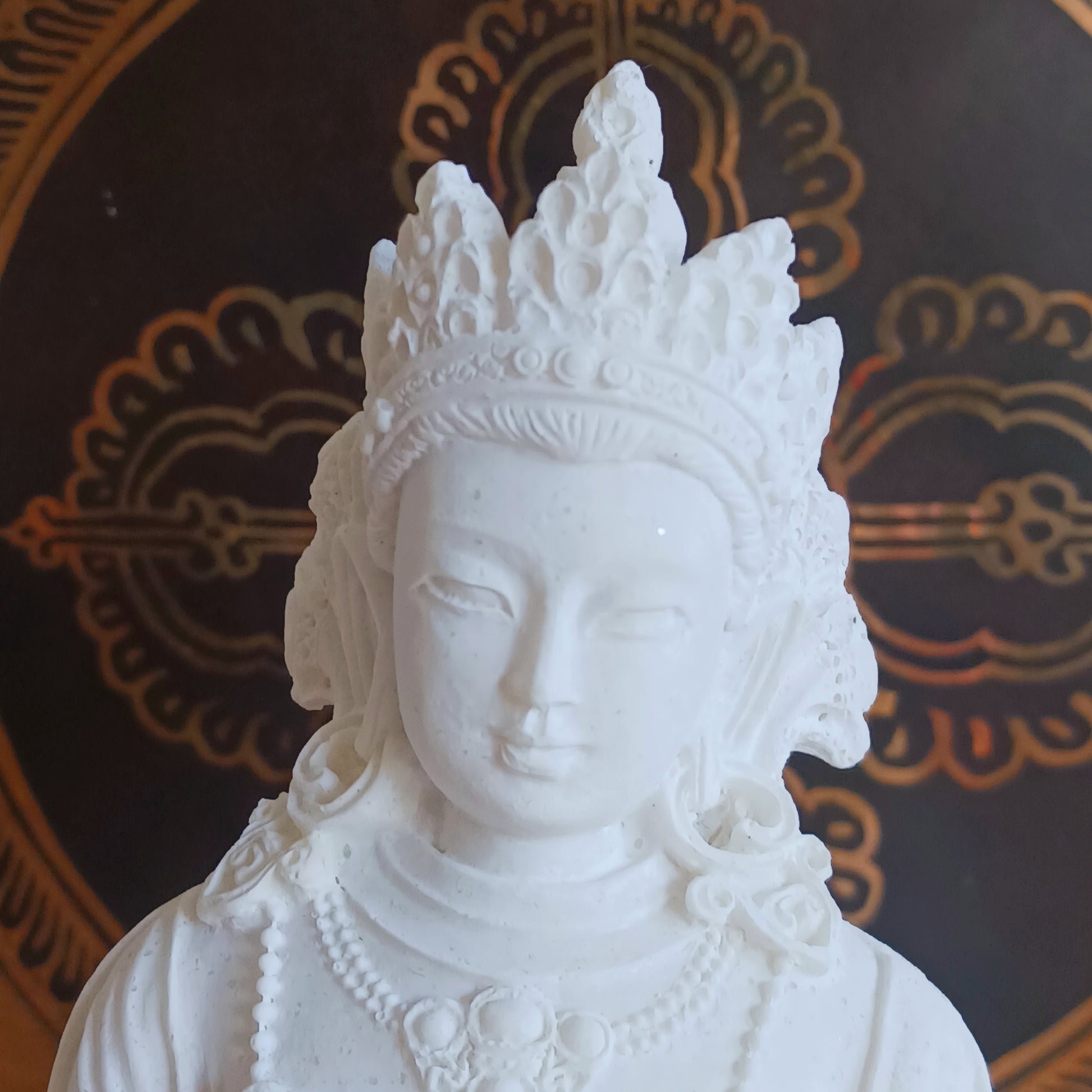 Bring harmony, wisdom, and spiritual balance into your space with this White Tara Statue with Bell &amp; Dorje. A cherished symbol in Buddhist tradition, White Tara represents purity, compassion, and enlightened energy.
