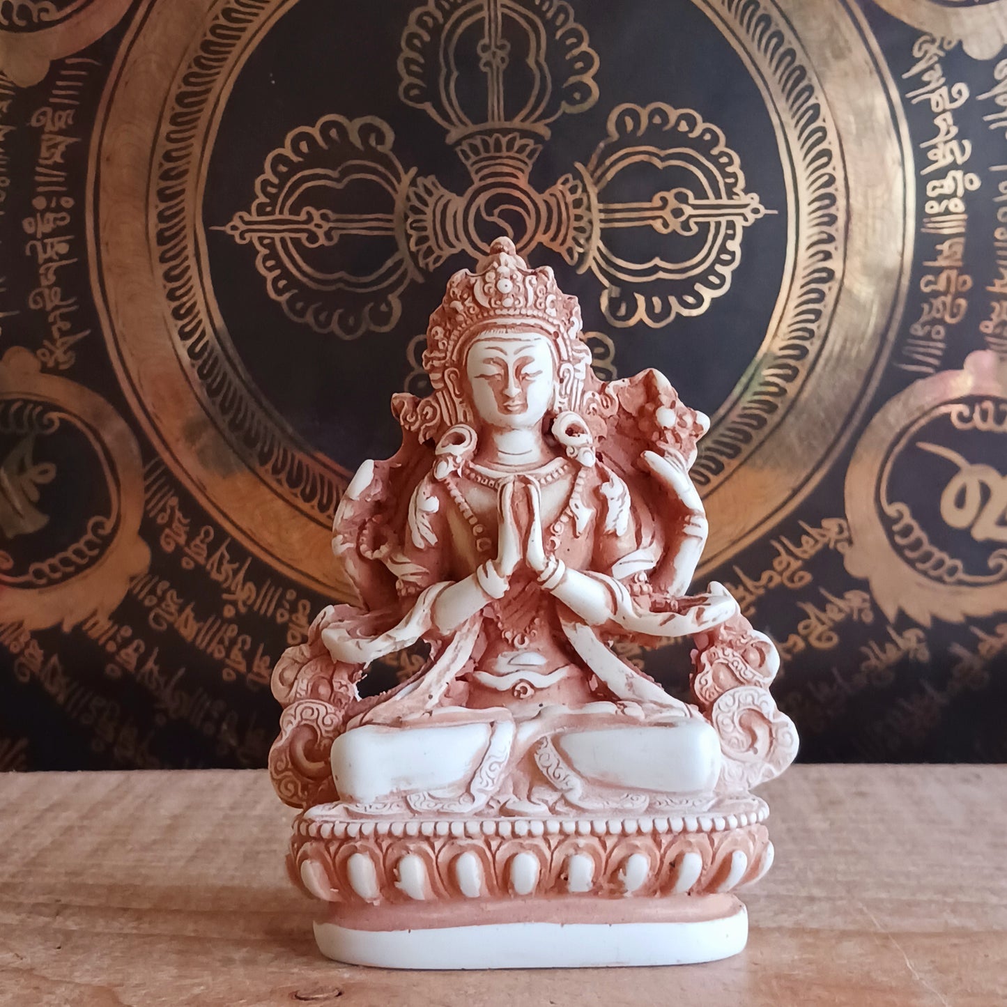 Chenrezig (Tibetan) or Avalokiteshvara (Sanskrit) is the Buddha of great compassion, of limitless compassion towards all living beings.  Chenrezig made the strong vow not to return to Nirvana until he had liberated all sentient beings and freed them from suffering.