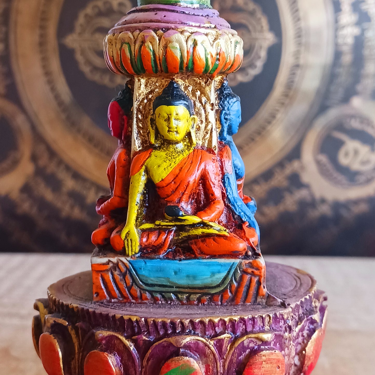 Bring serenity and spiritual symbolism into your space with this unique hand-painted Meditating Buddha Resin Stupa. Crafted with exquisite attention to detail, each piece is adorned in vibrant, uplifting colours that highlight its sacred design.