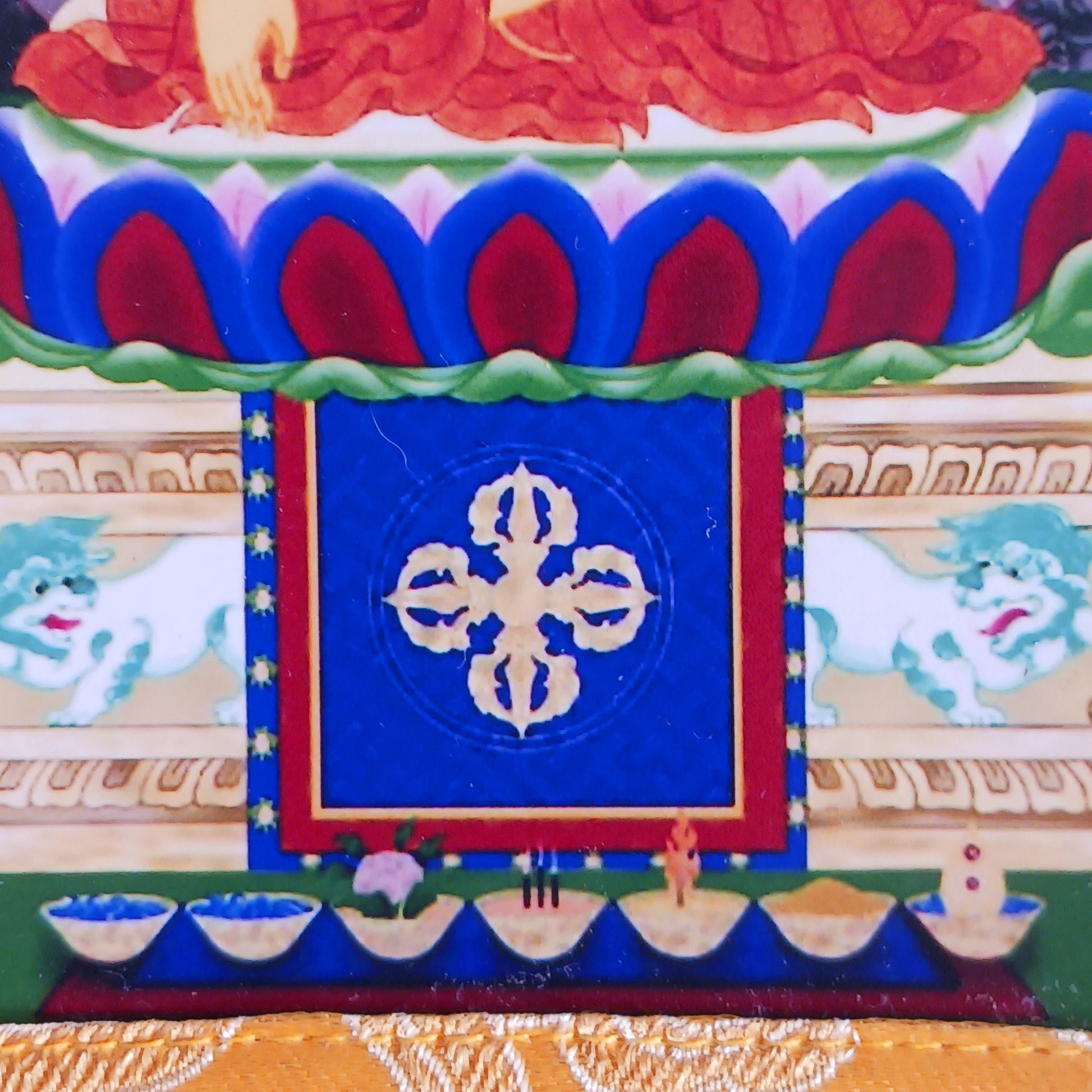 Beautiful small thangka of Shakyamuni Buddha with brocade border. A perfect spiritual art piece for meditation or home altar decoration.