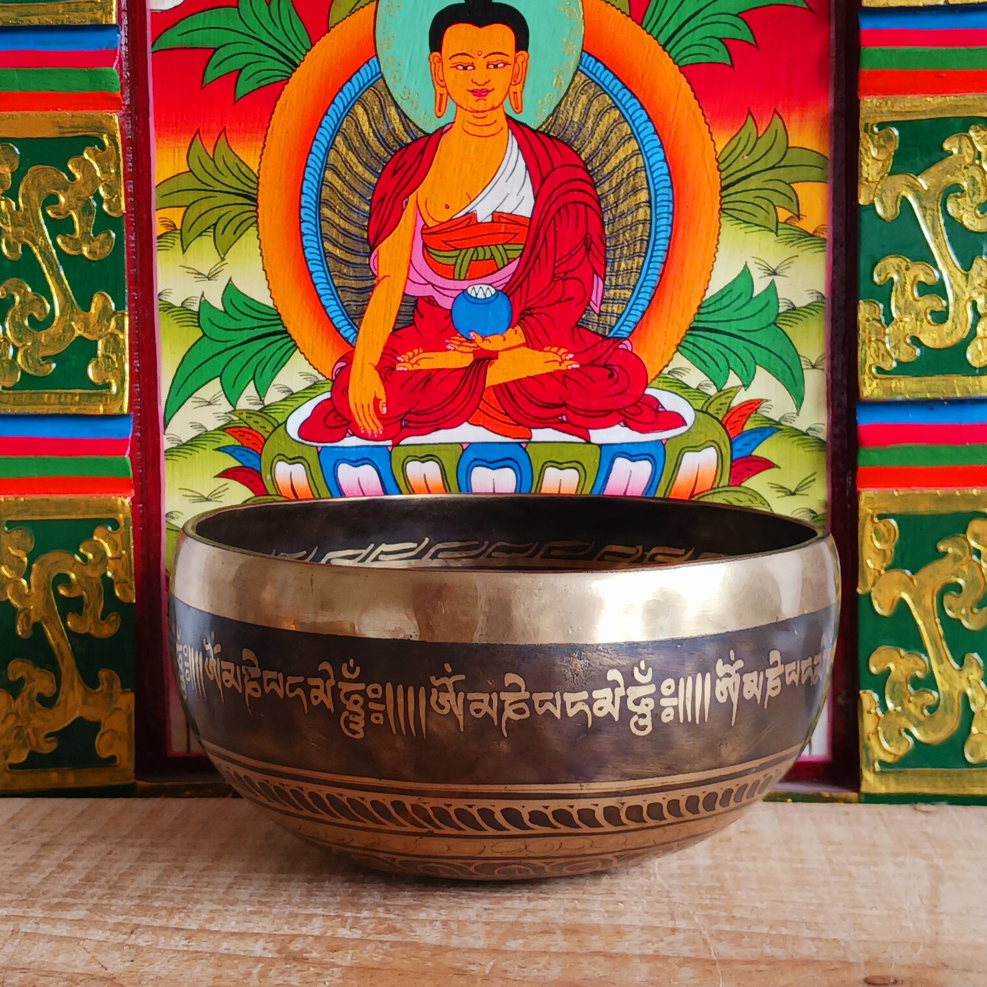 This beautifully crafted Tibetan Singing Bowl is machine made and delicately etched with the sacred Om Mantra, symbolizing universal connection and inner peace. Each bowl is unique in its artistry and design. Traditionally used for meditation and healing, singing bowls help restore harmony between body, mind, and soul.