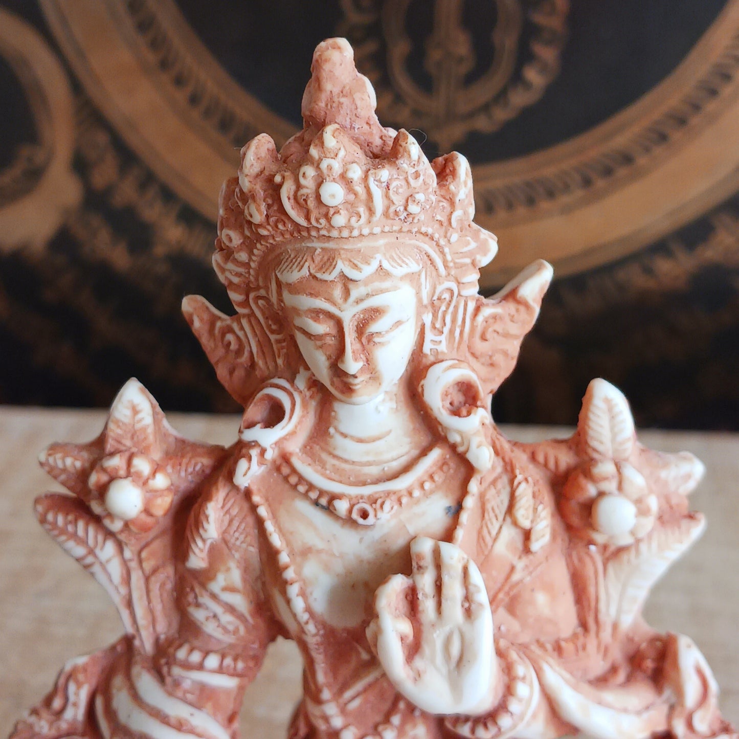White Tara is known for compassion, long life, healing and serenity and is shown here with her right hand in the varada mudra (blessing pose.) White Tara is distinct from the more commonly seen Green Tara. She is seated in a tranquil, full lotus position as opposed to Green Tara's one foot extended pose. 