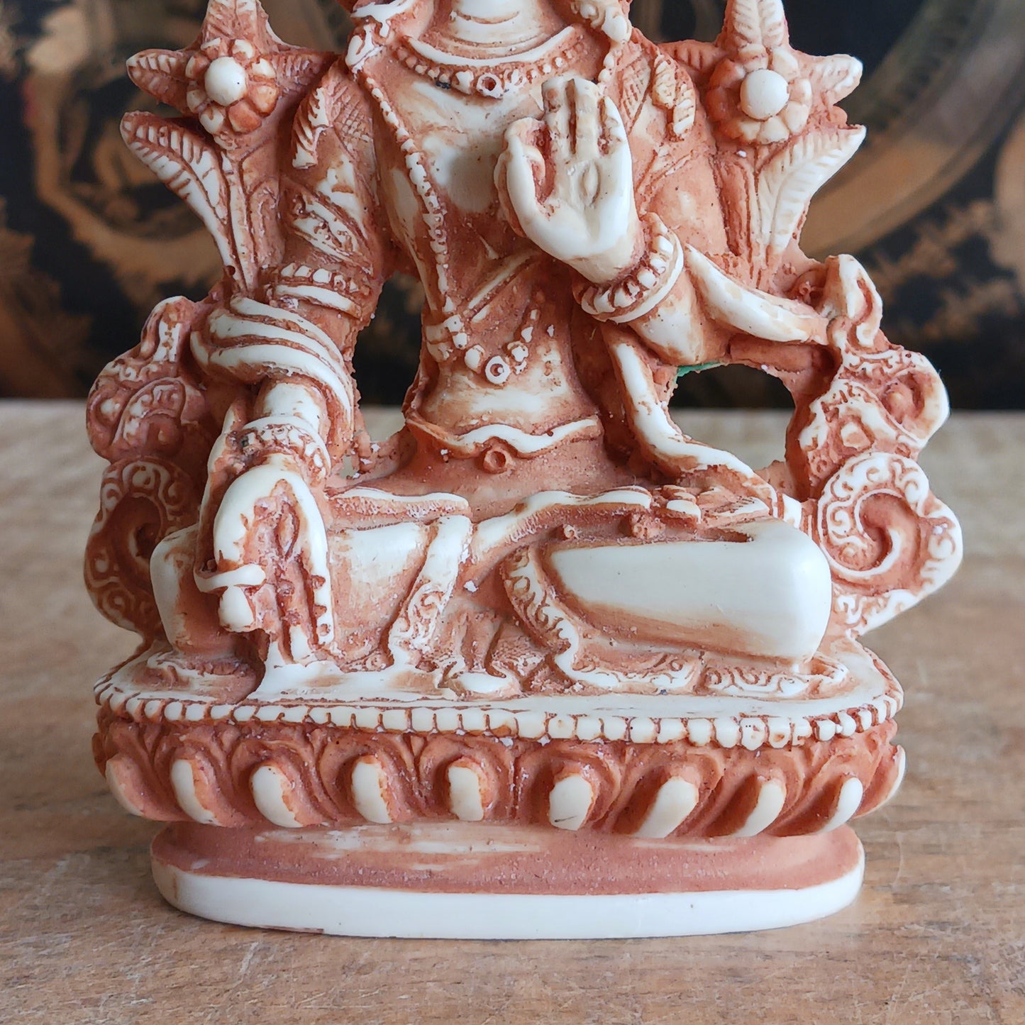 White Tara is known for compassion, long life, healing and serenity and is shown here with her right hand in the varada mudra (blessing pose.) White Tara is distinct from the more commonly seen Green Tara. She is seated in a tranquil, full lotus position as opposed to Green Tara's one foot extended pose. 