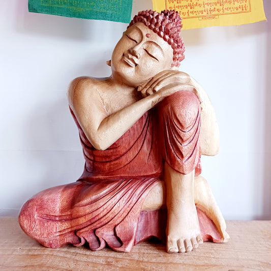 Bring a sense of deep calm and mindful beauty into your space with this hand-carved Resting Buddha statue, crafted from sustainably sourced Suar wood (Albizia Saman). This fast-growing, abundant wood species allows for responsible cultivation while offering rich grain and lasting durability.