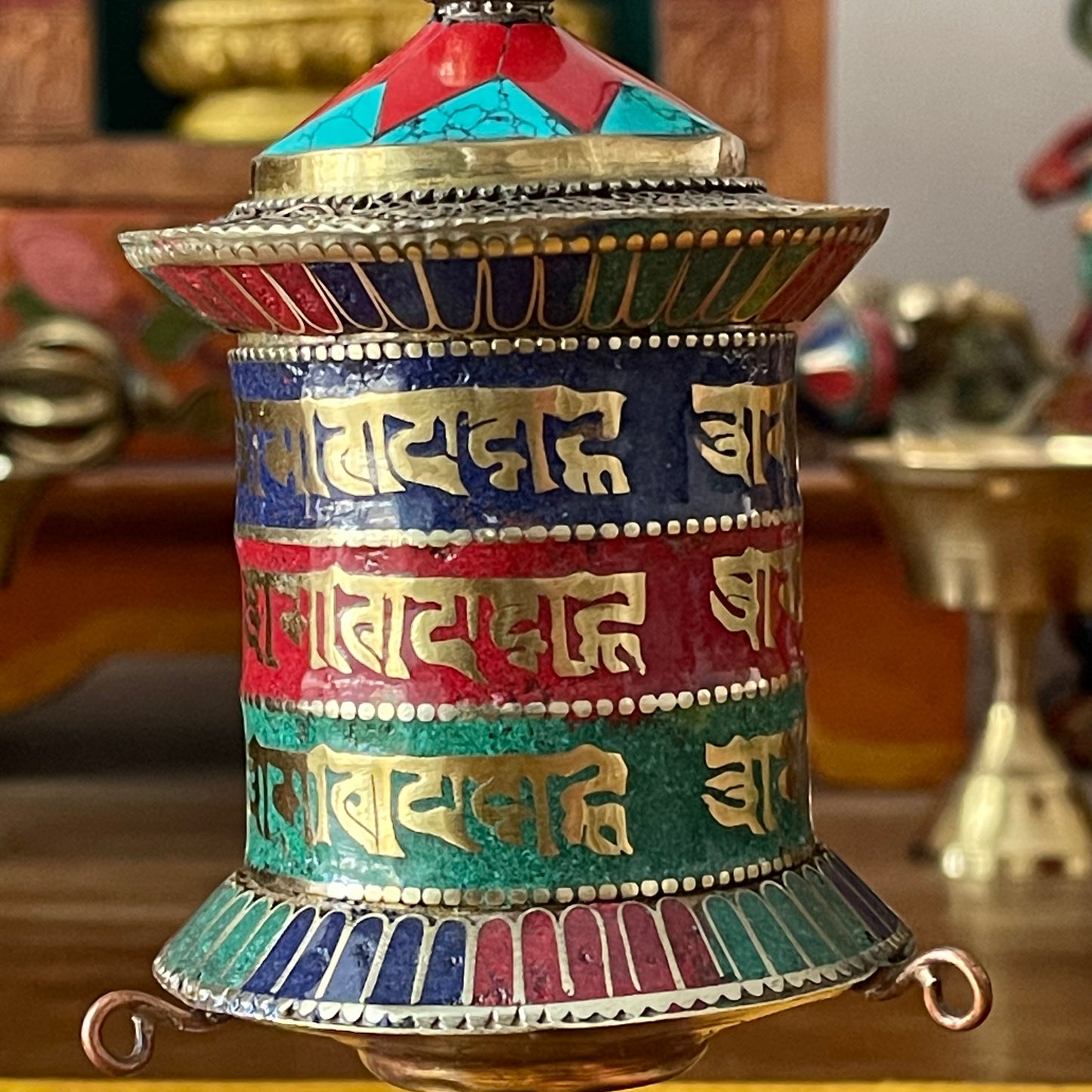 Prayer wheel with Om Mantra Stone chip (desk top) 14 cm