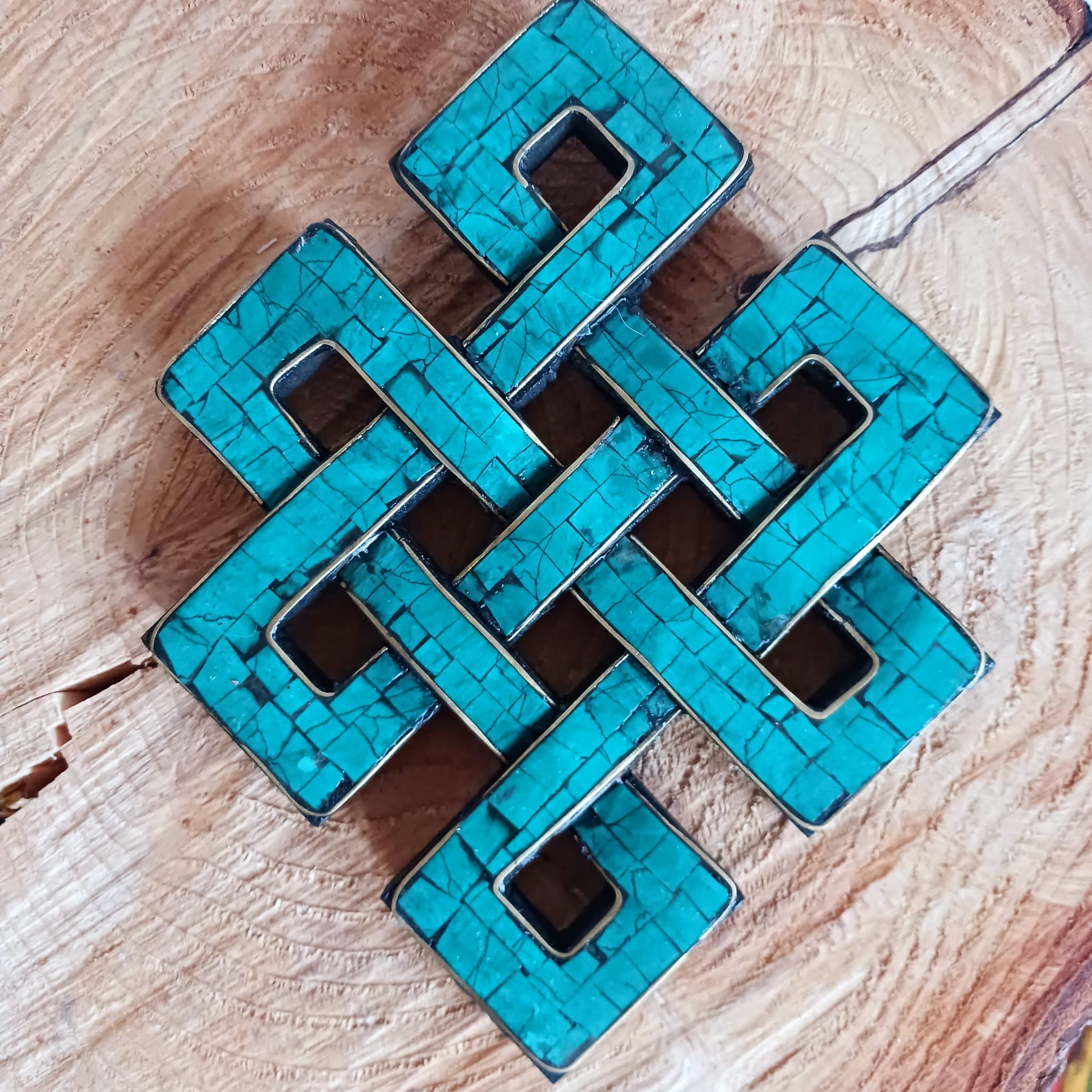 Tibetan Turquoise decorated Endless Knot wooden wall décor 19 X 15 cm