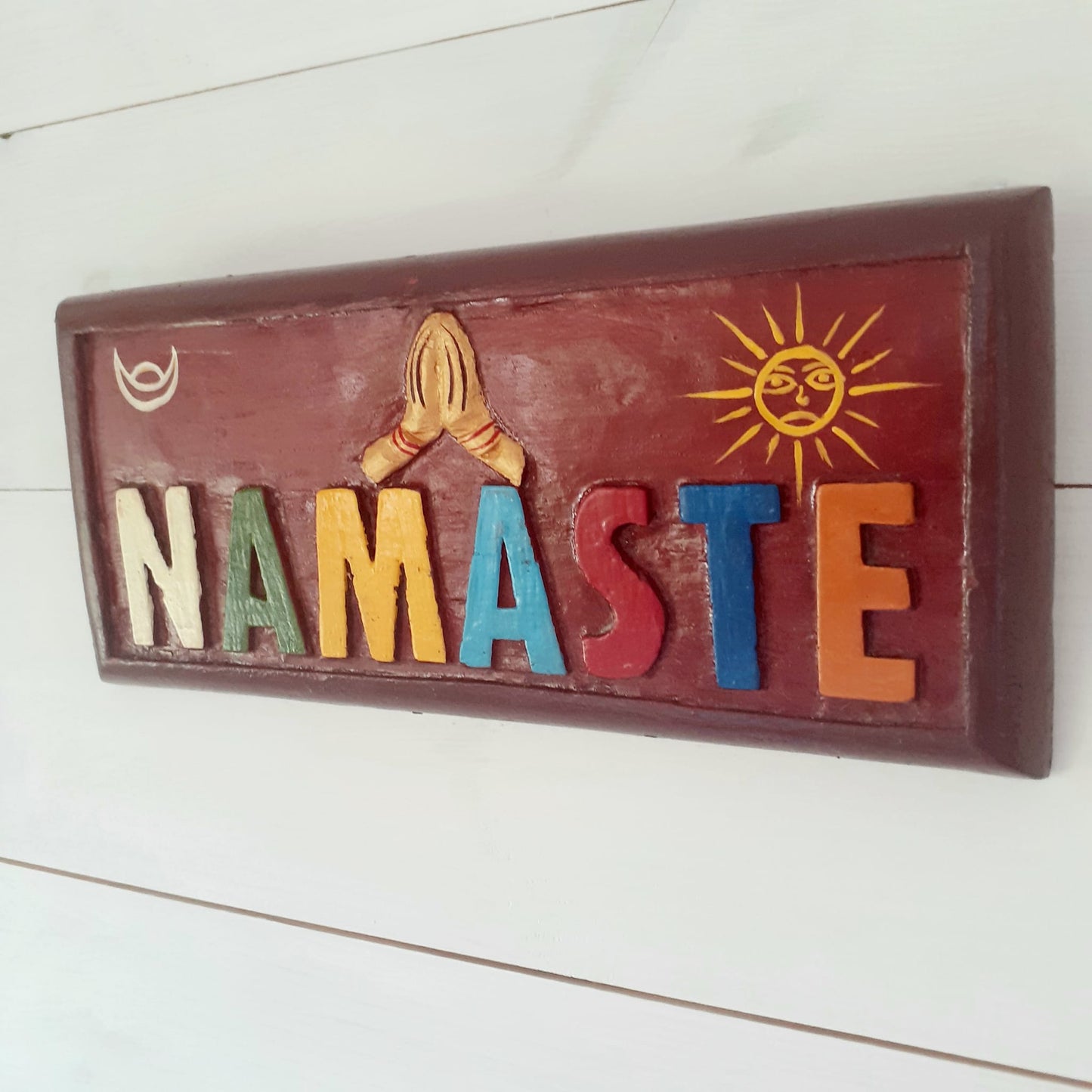 Namaste sign wooden wall hanging sun and moon  25 x 10 cm