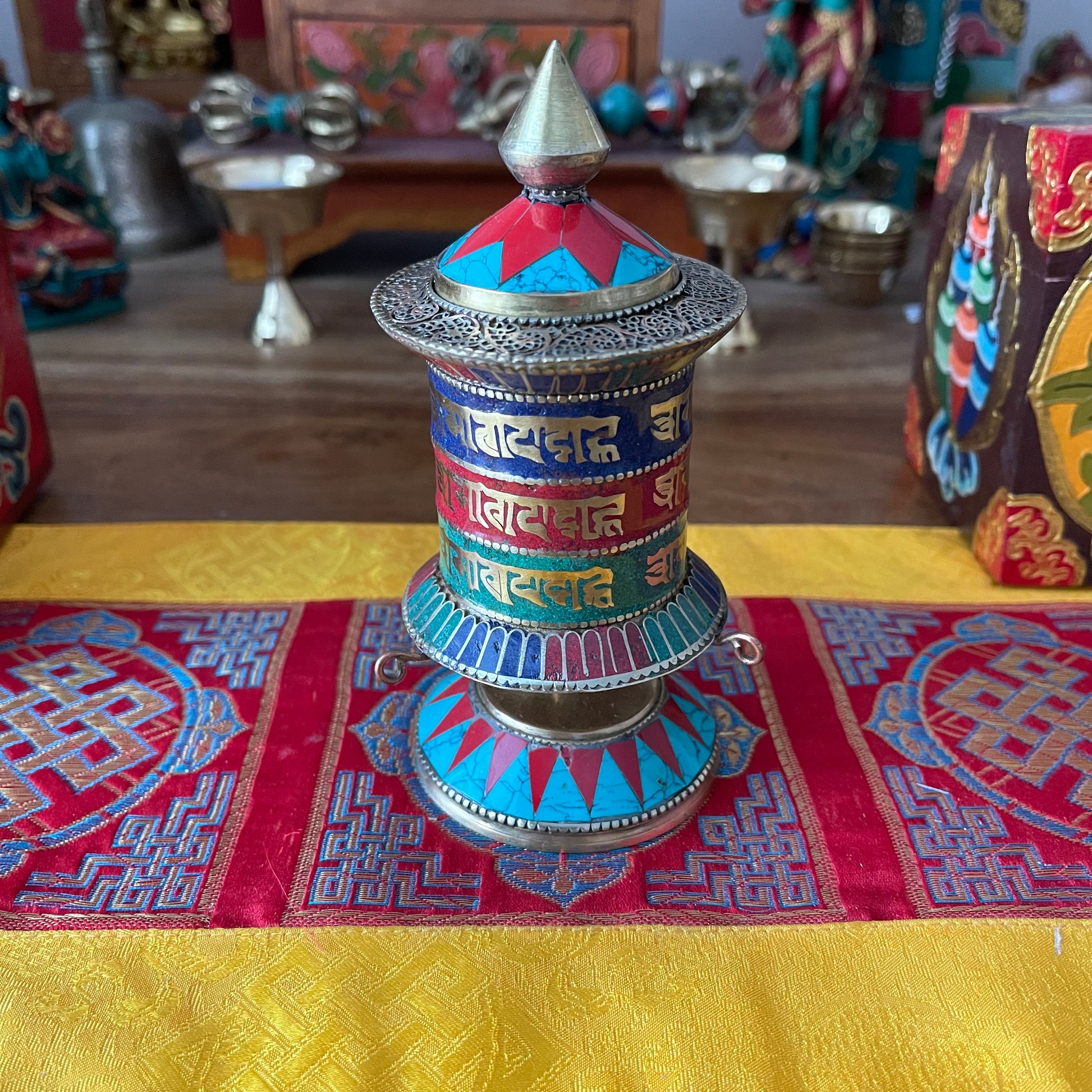 Prayer wheel with Om Mantra Stone chip (desk top) 14 cm