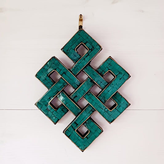 Tibetan Turquoise decorated Endless Knot wooden wall décor 19 X 15 cm