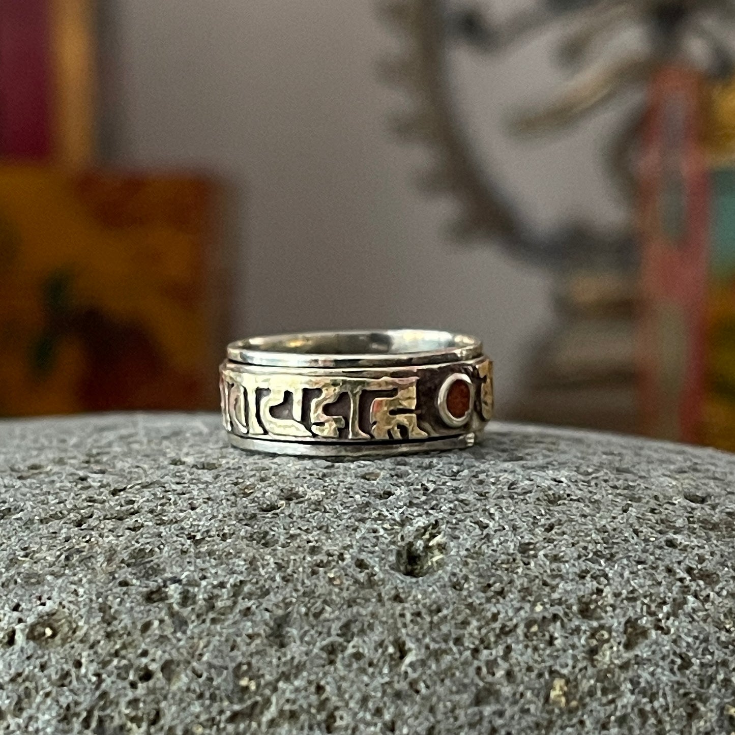 Om Mani Padme Hum Spinning ring Red Stone
