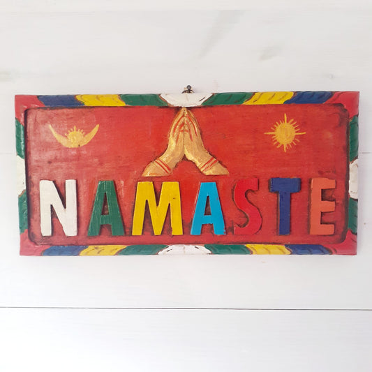 Namaste sign wooden wall hanging sun and moon