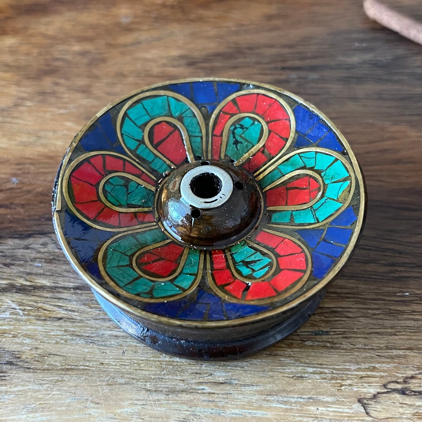 Tibetan Incense Holder Stone Inlay  6 x 6 cm