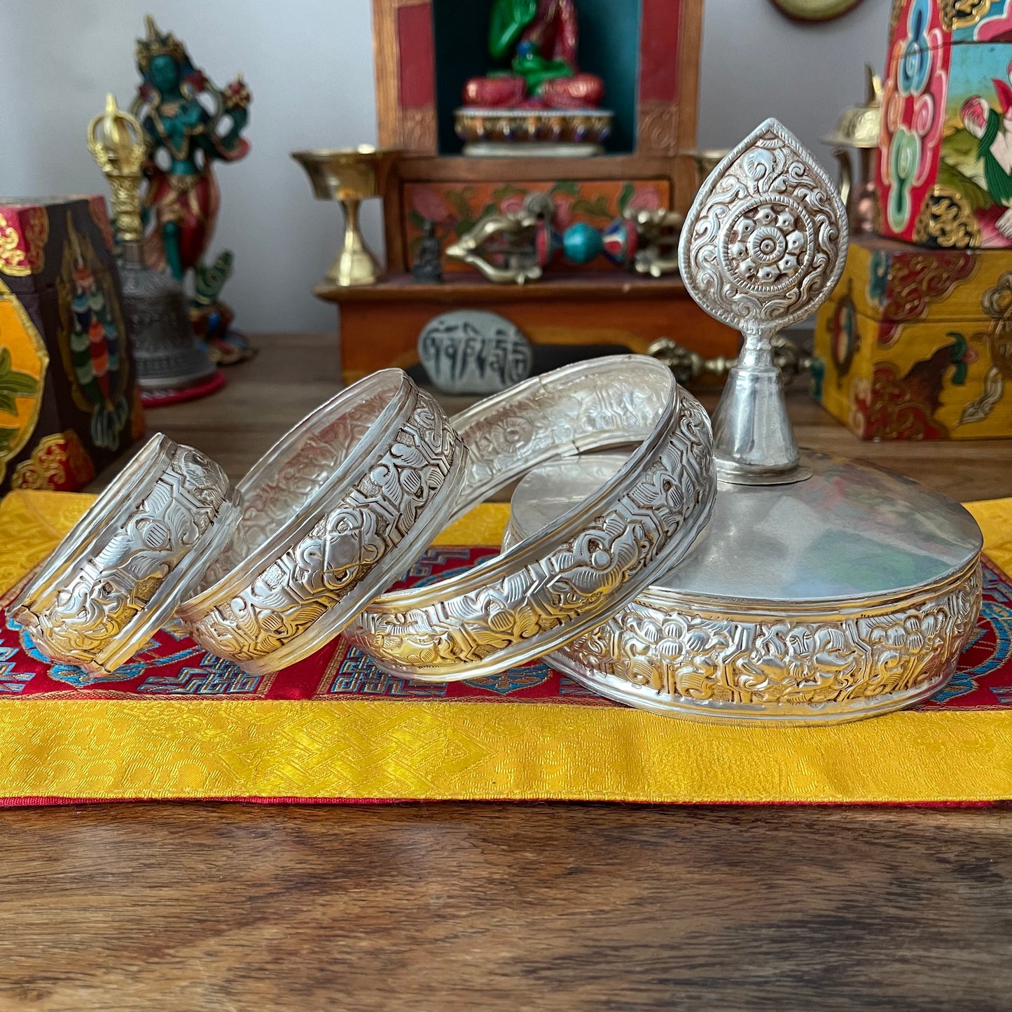 Auspicious carved Mandala offering Set Silver