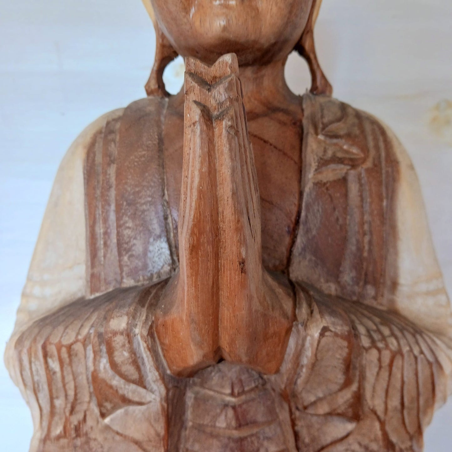 hand carved Buddha Statue Whitewash - 40cm Welcome Anjali Mudra