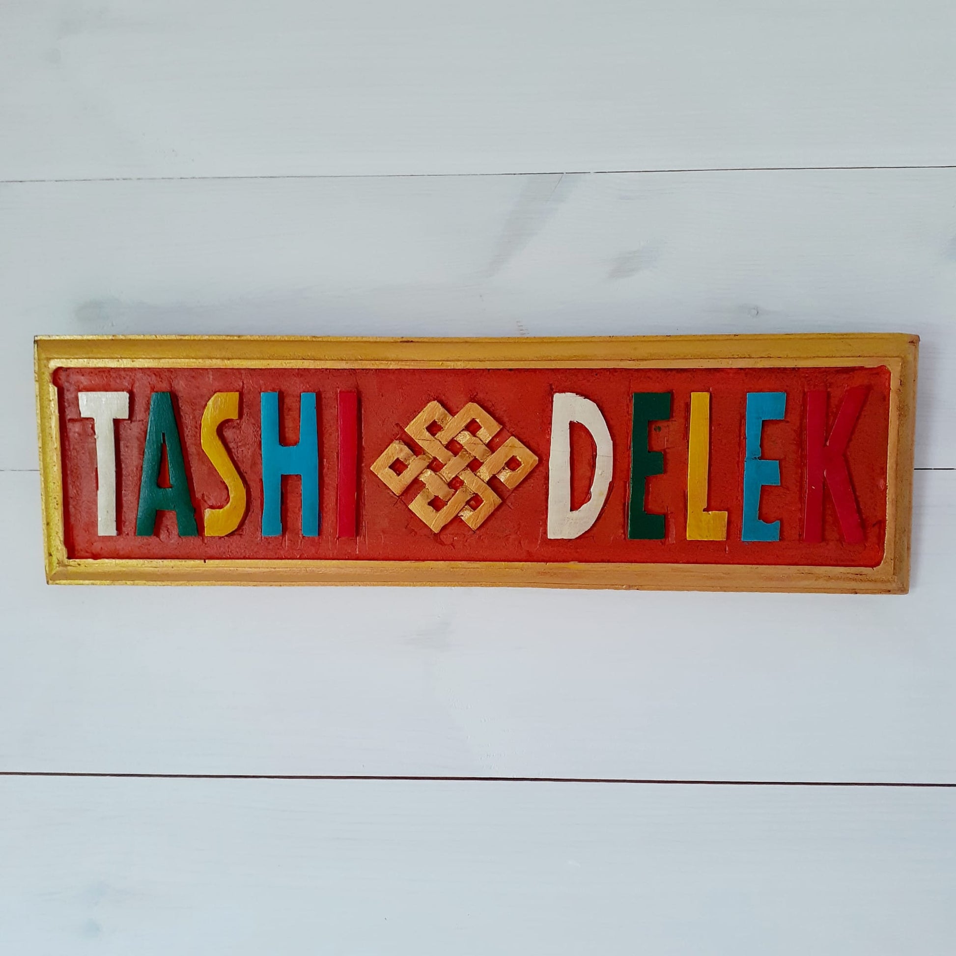 Tibetan Tashi Delek sign wooden wall décor 30 x 9 cm | Buddhist Sign