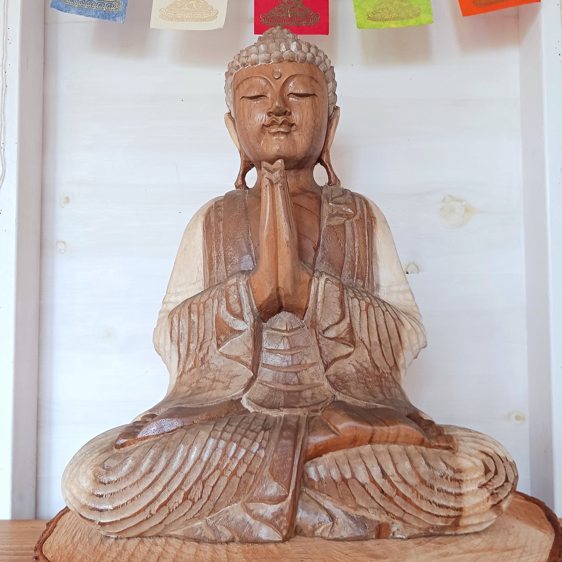 hand carved Buddha Statue Whitewash - 40cm Welcome Anjali Mudra