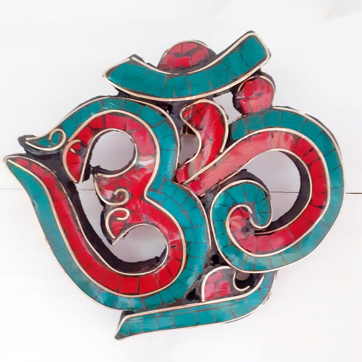 Turquoise Wooden Ganesh Om wall hanging 10 cm x 11 cm